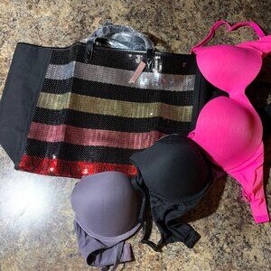 collection of 3 Victoria Secret padded bras, size 32DD & large tote with sequins